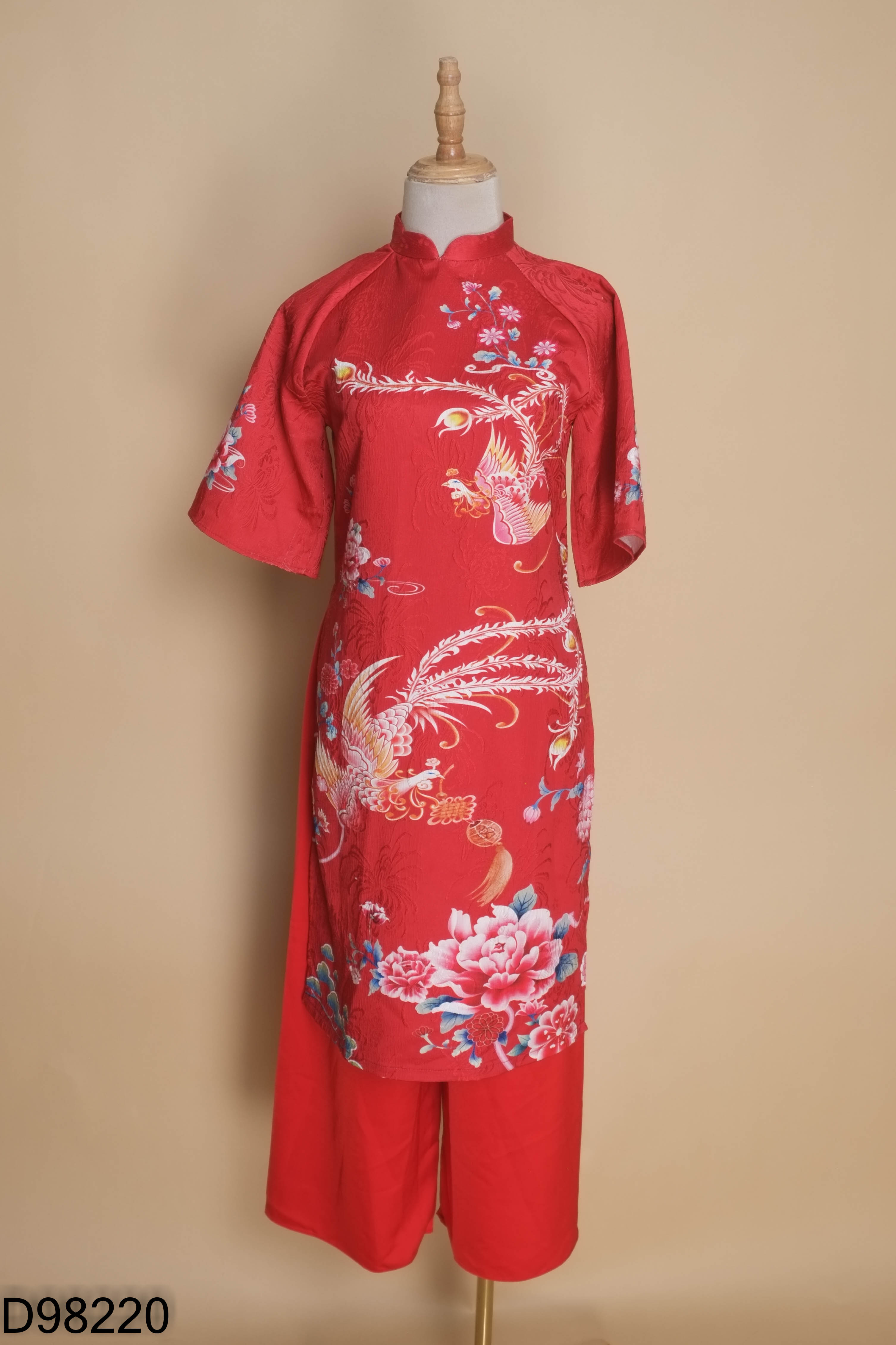 Set áo dài họa tiết + quần lụa đỏ KIDS