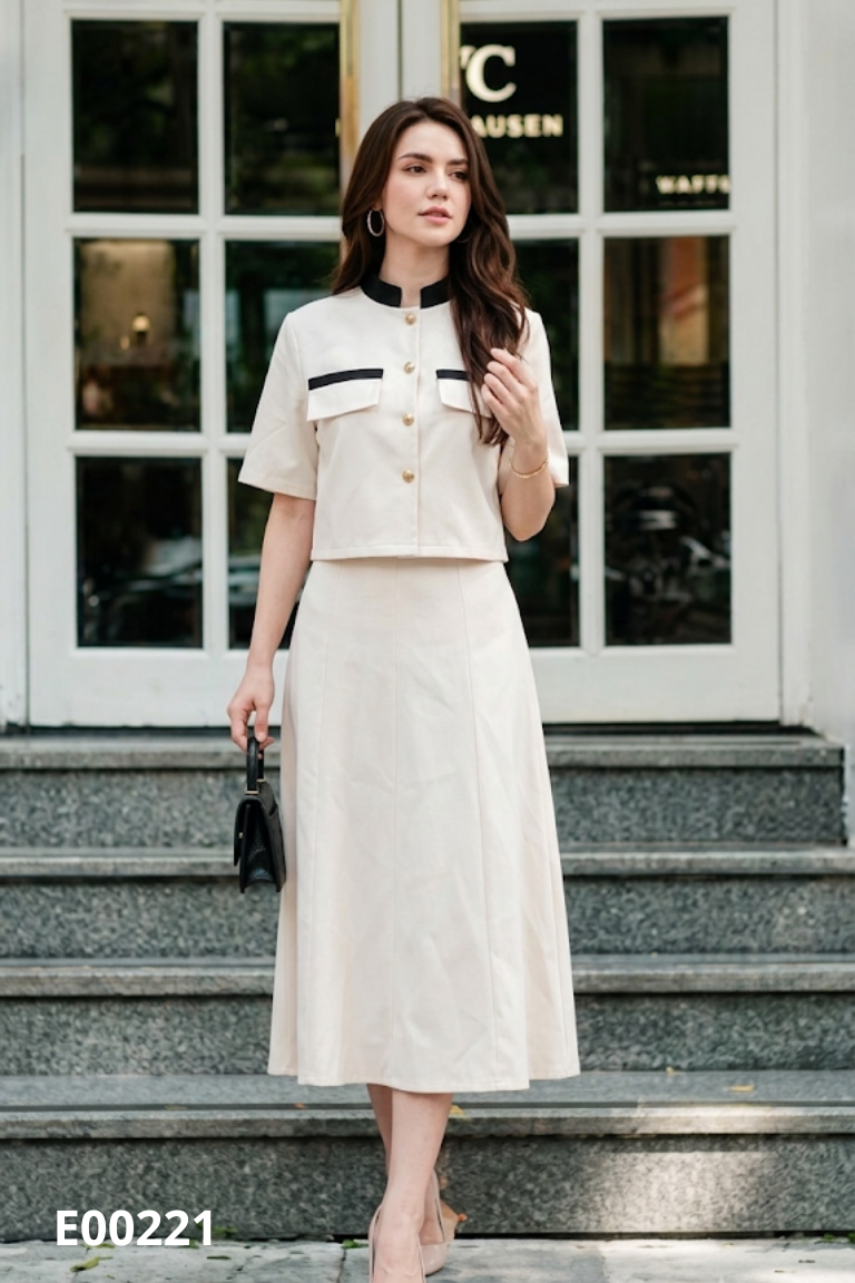 Set áo croptop viền đen + chân váy be