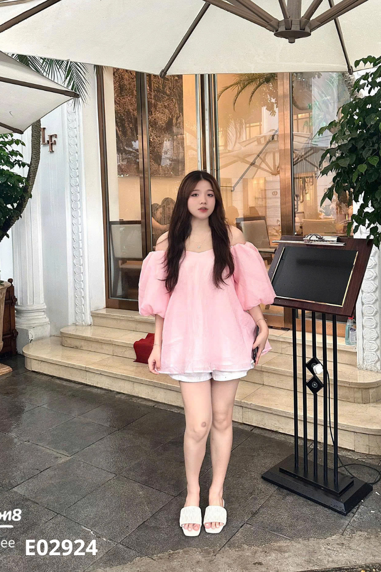 Áo hồng TI NGOAN phối lưới tay phồng