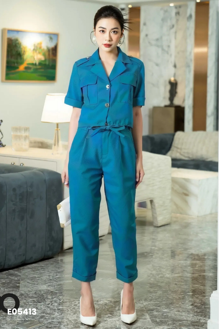 Set áo kiểu xanh cổ bẻ+quần