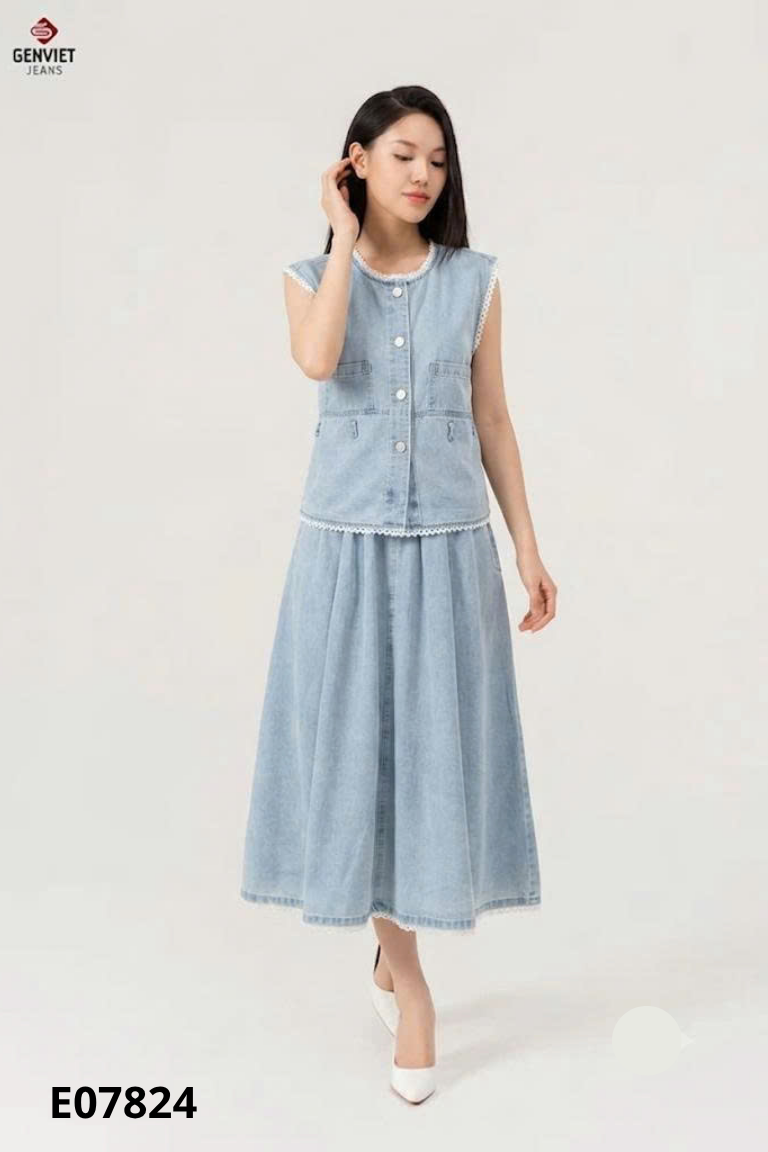 Set Áo jeans xanh viền trắng + chân váy