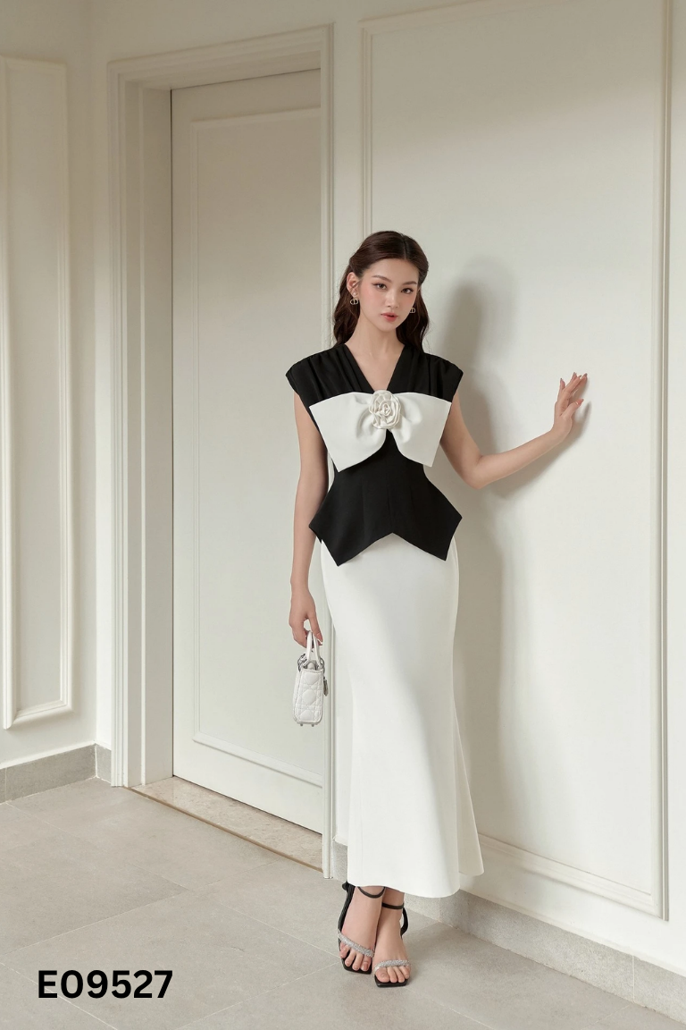 Set áo đen + chan váy trắng