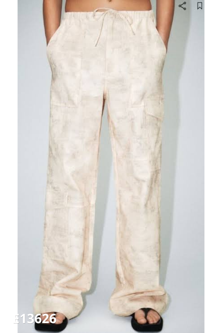 Quần ZARA linen be họa tiết xám