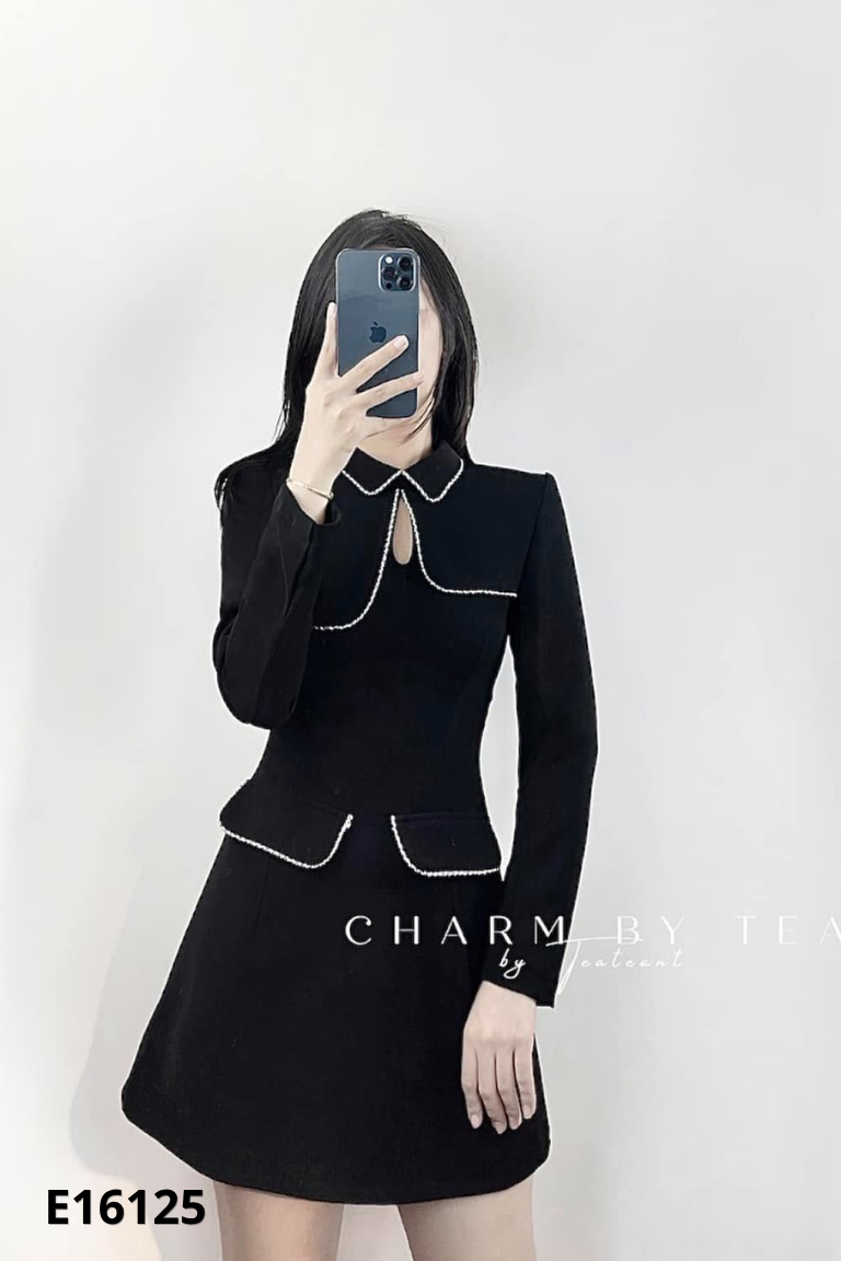 NEWTAG Váy đen CHARM BY TEA viền xám