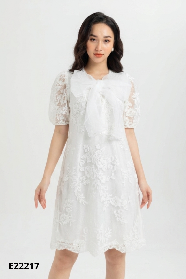 Váy trắng phối lưới IVY YOU nơ ngực