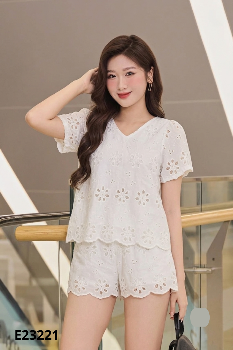 Set MAY be thêu hoa áo kiểu + quần shorts
