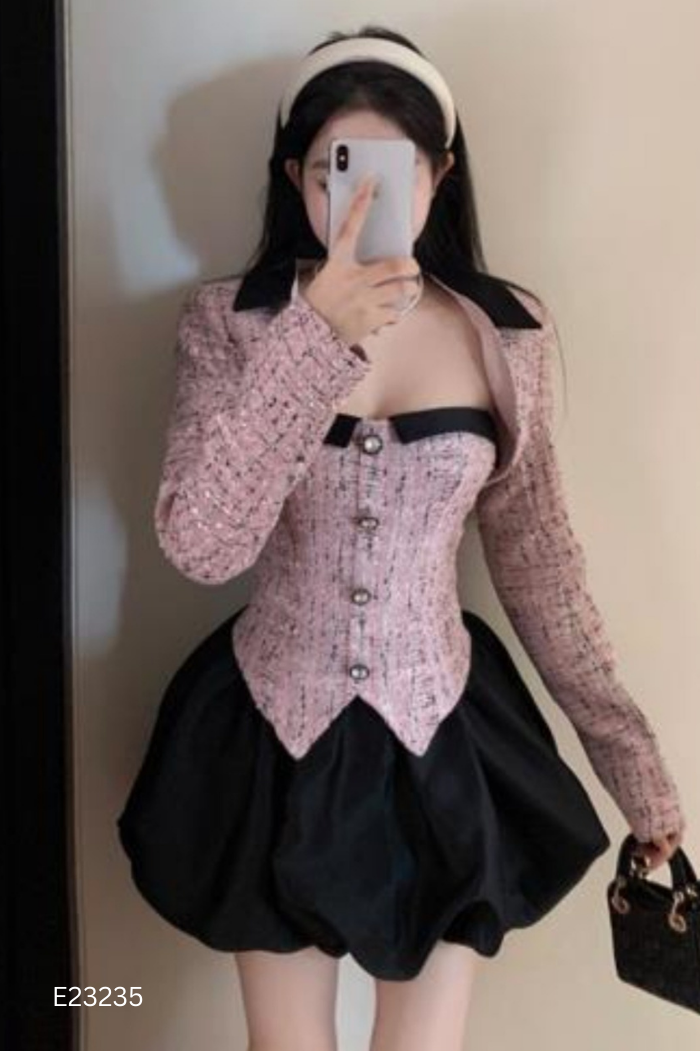 NEWTAG Set Áo dạ hồng LOVITO cúc ngọc + áo khóac