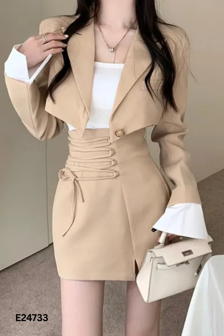 Set áo khoác vest be ngắn + chân váy
