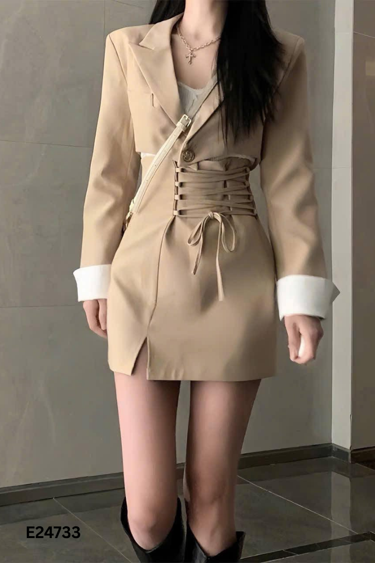 Set áo khoác vest be ngắn + chân váy