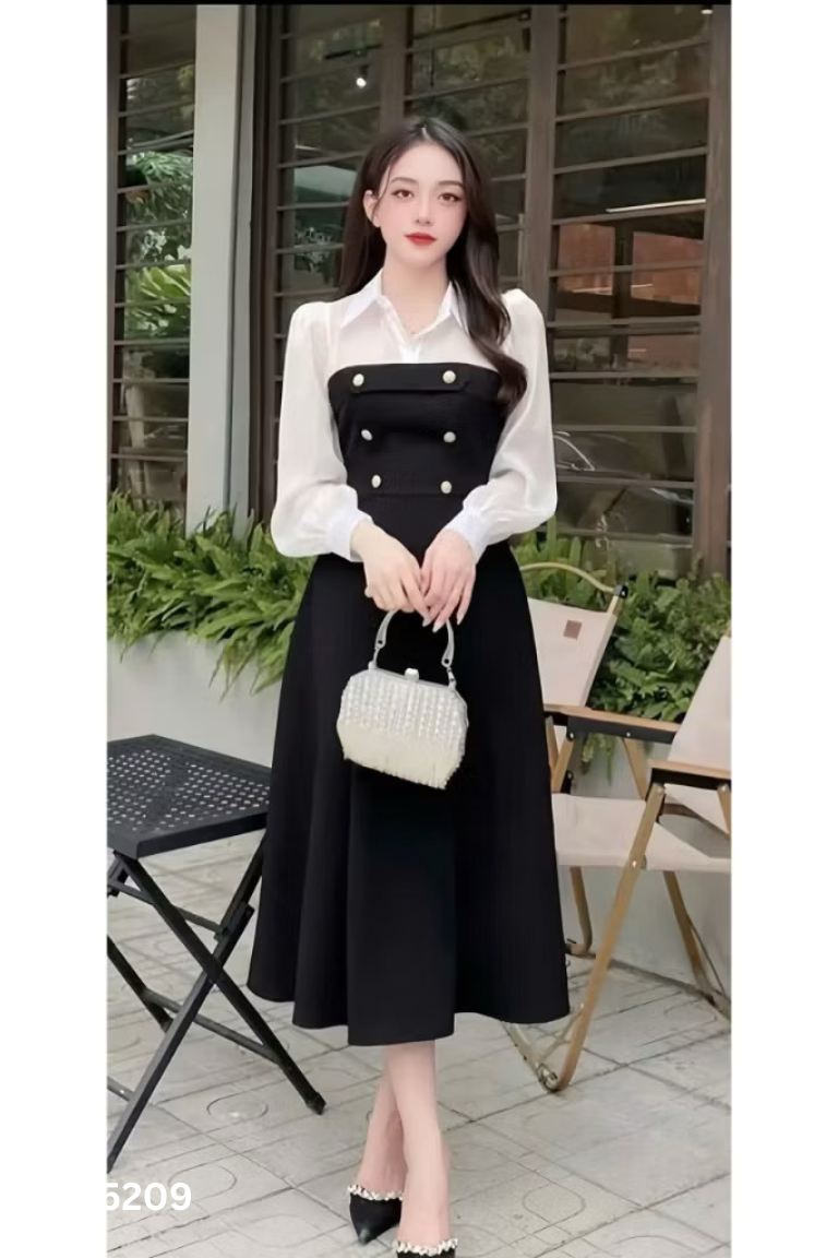 Váy đen BEMINE phối voan trắng cúc sáng