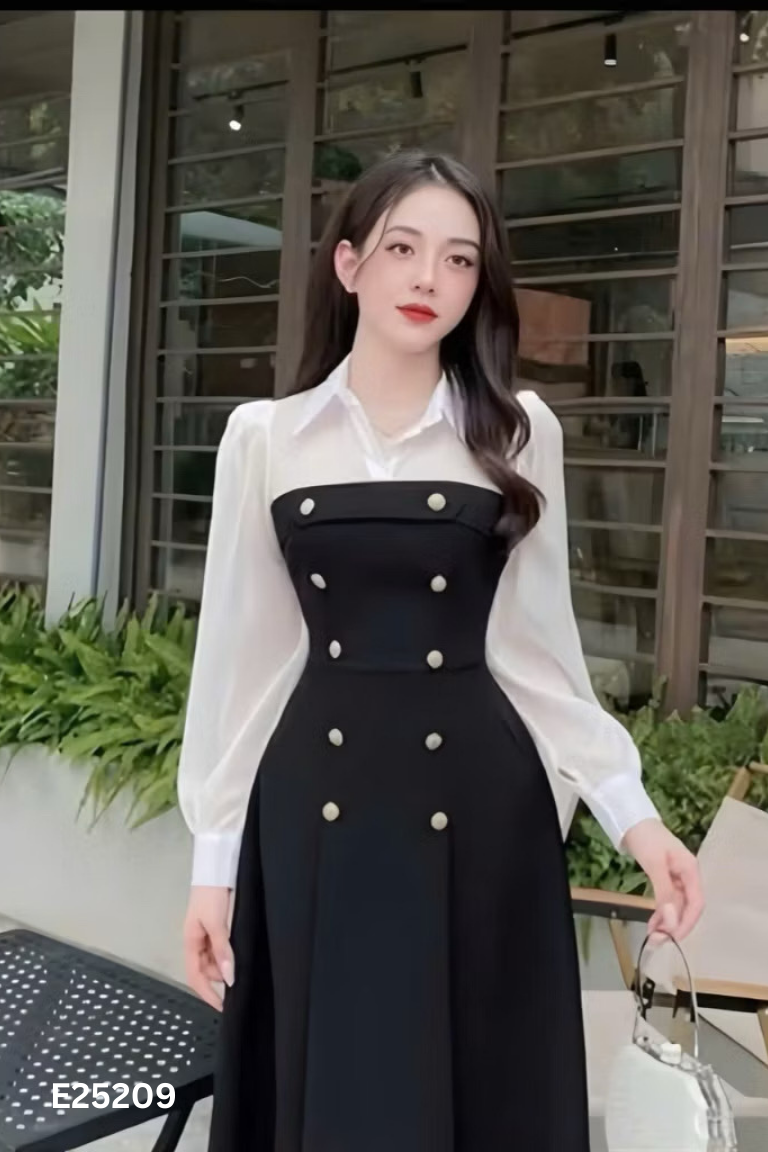 Váy đen BEMINE phối voan trắng cúc sáng