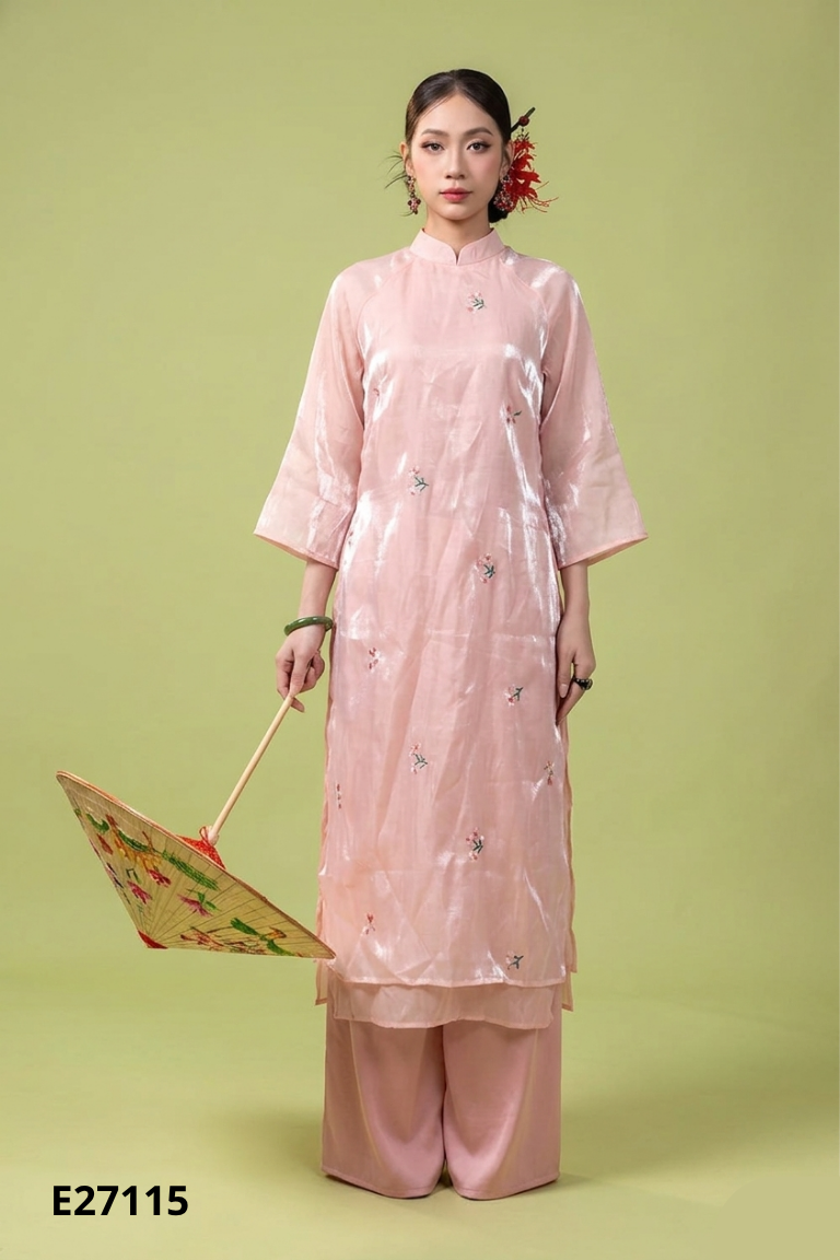 NEWTAG Set Áo dài voan hồng thêu hoa + Quần lụa