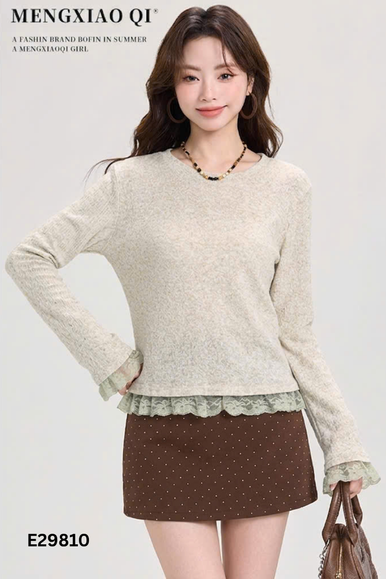 SET áo be + chân váy nâu chấm bi