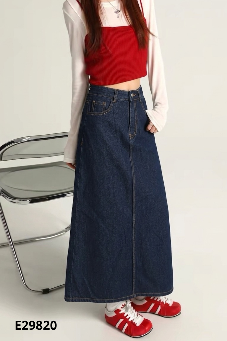 Chân váy jeans xanh sẫm trơn