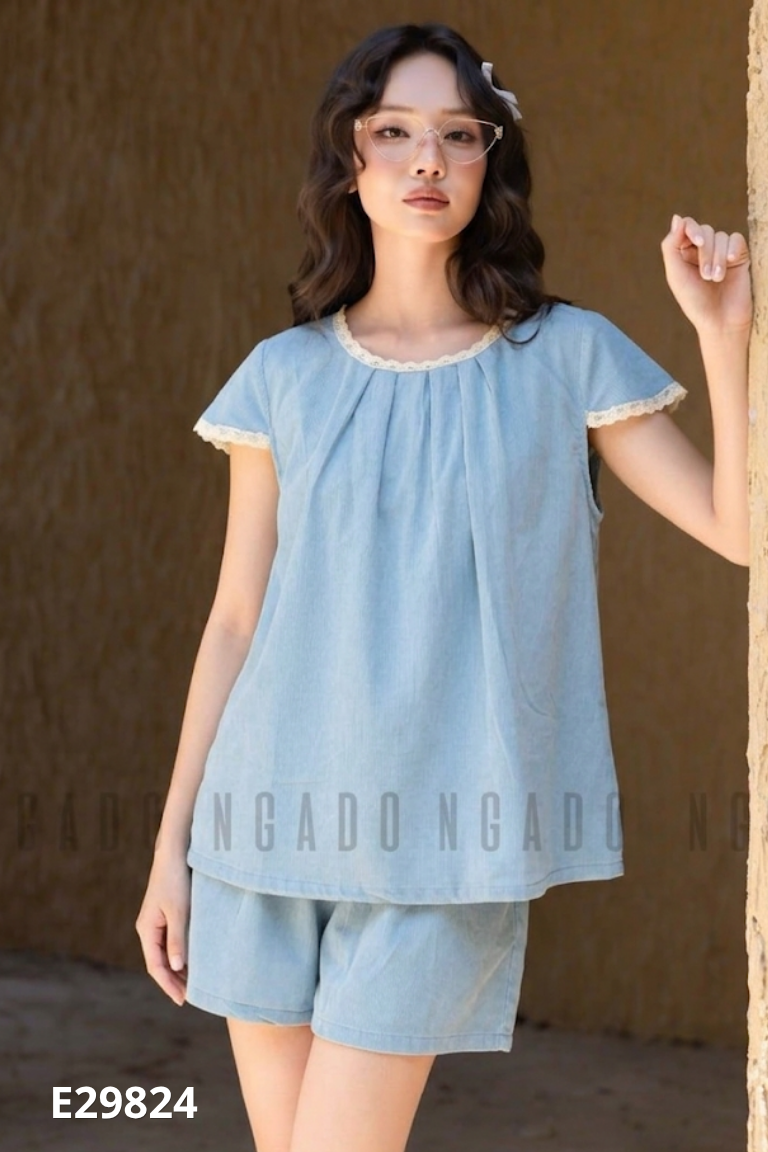 NEWTAG Set jeans xanh áo + quần shorts