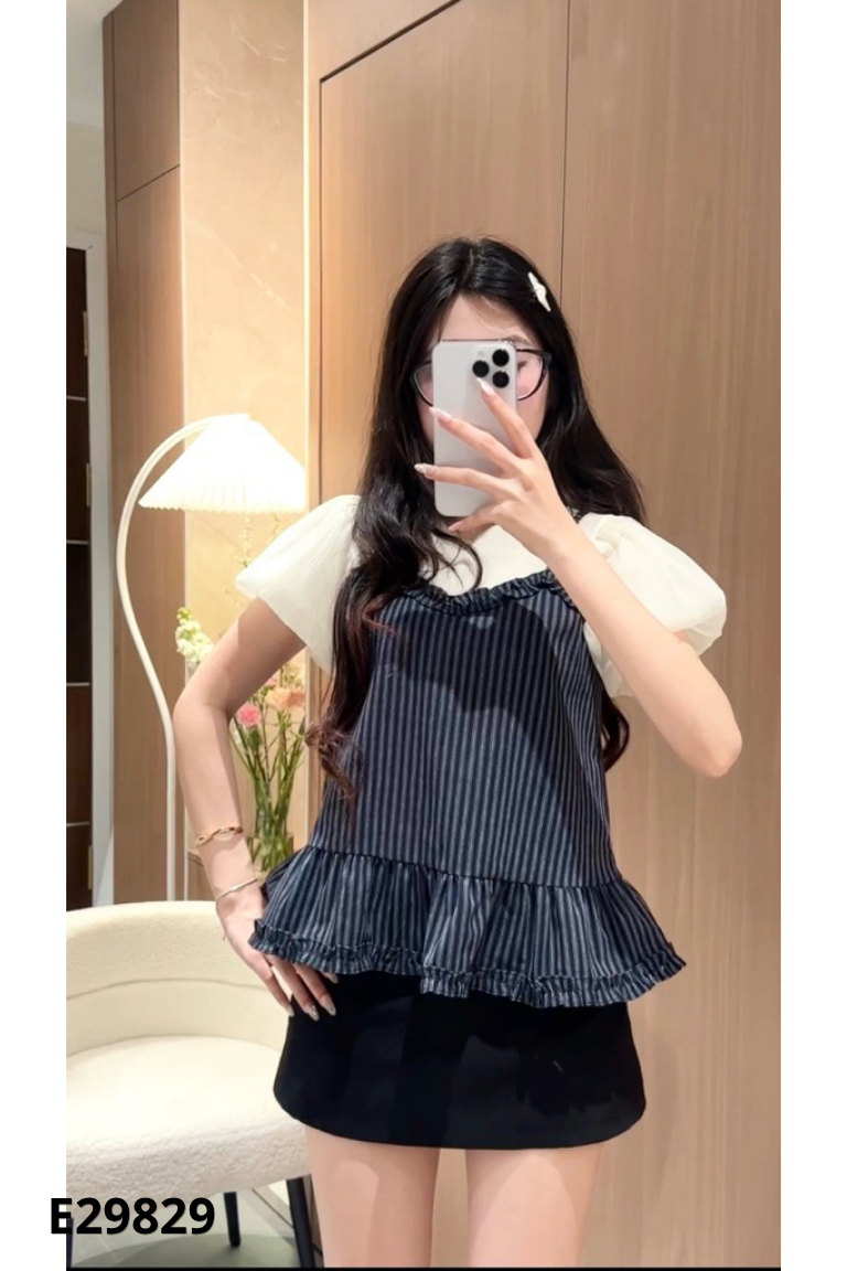Áo xanh than sọc trắng phối voan be