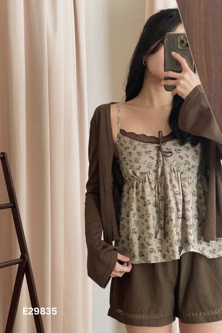 Set Áo hai dây hoa nâu + áo khoác
