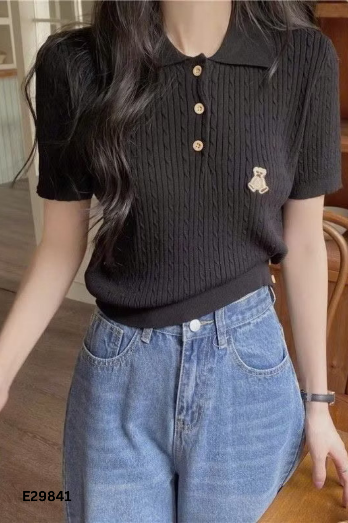 Áo đen cổ bẻ thêu gấu