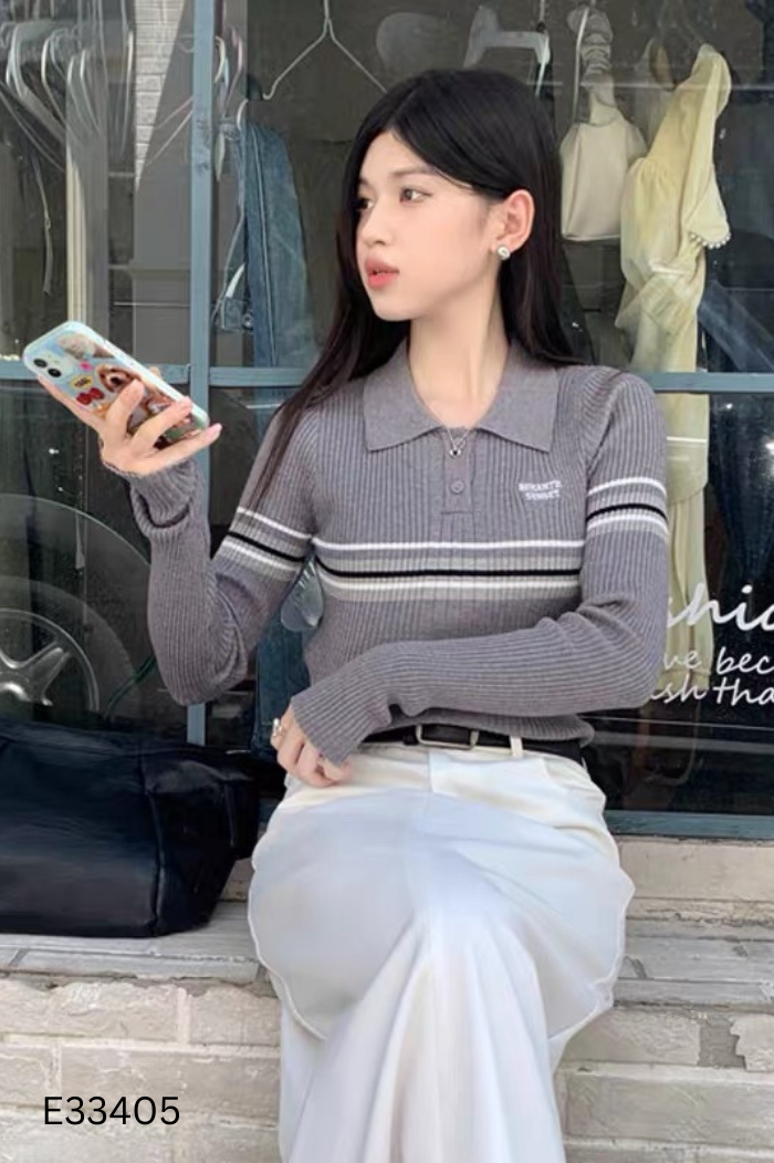 Áo len xám cổ bẻ
