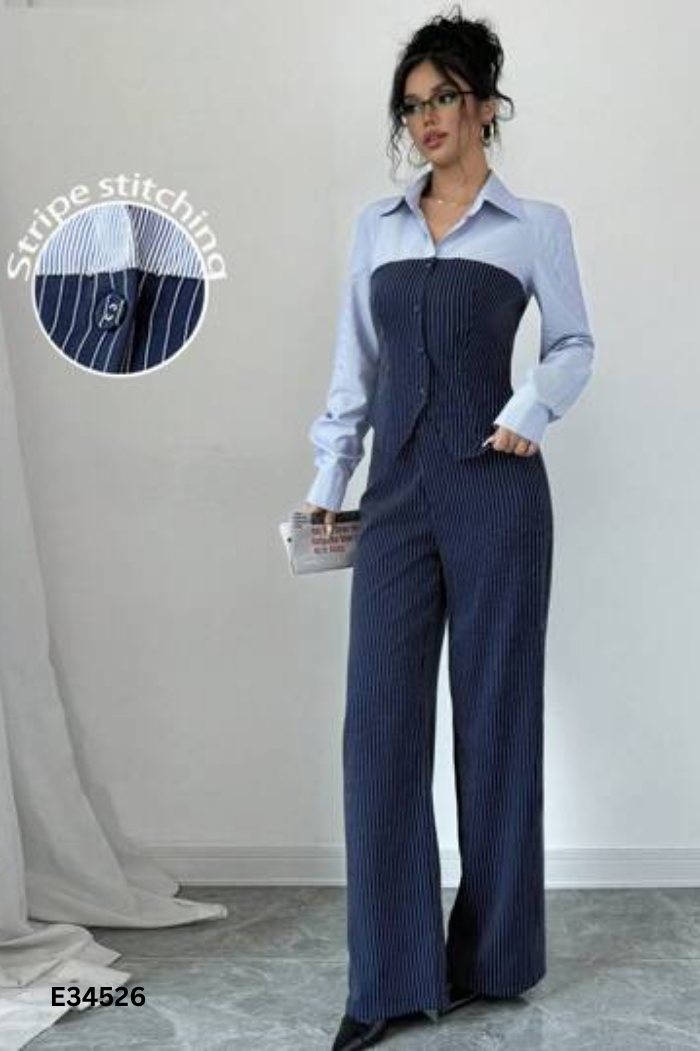 SET SHEIN Áo xanh kẻ trắng + quần dài