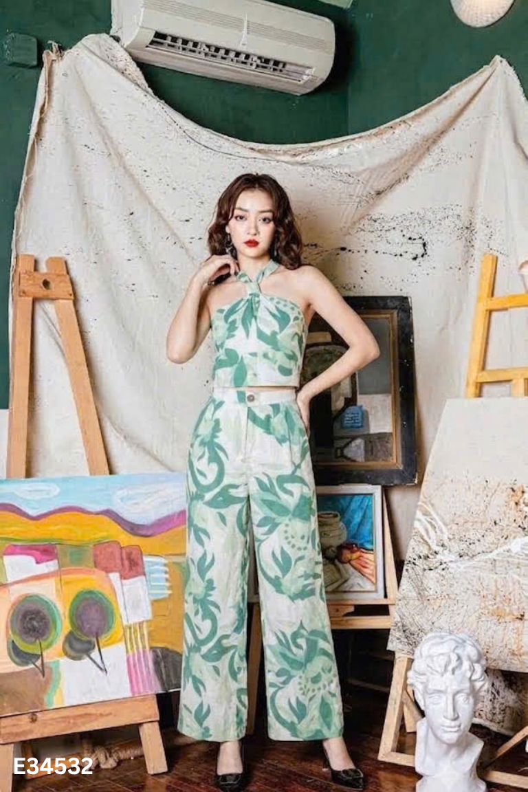 Set CCHAT áo + quần dài xanh họa tiết