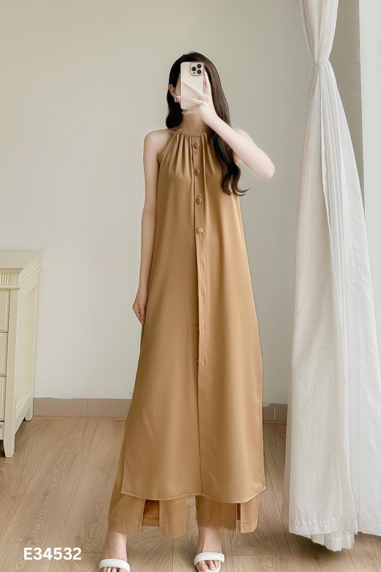 Set MYAN áo + quần lụa nâu trơn