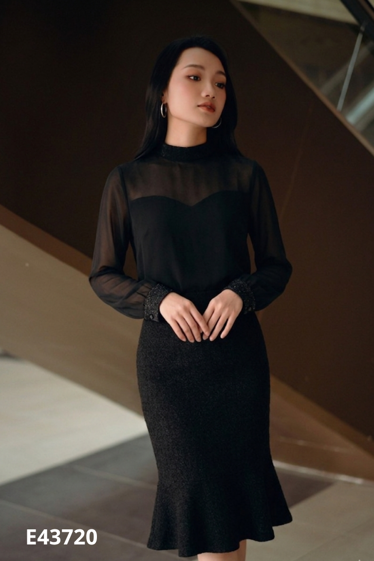 Váy đen LOABLE phối voan dài tay