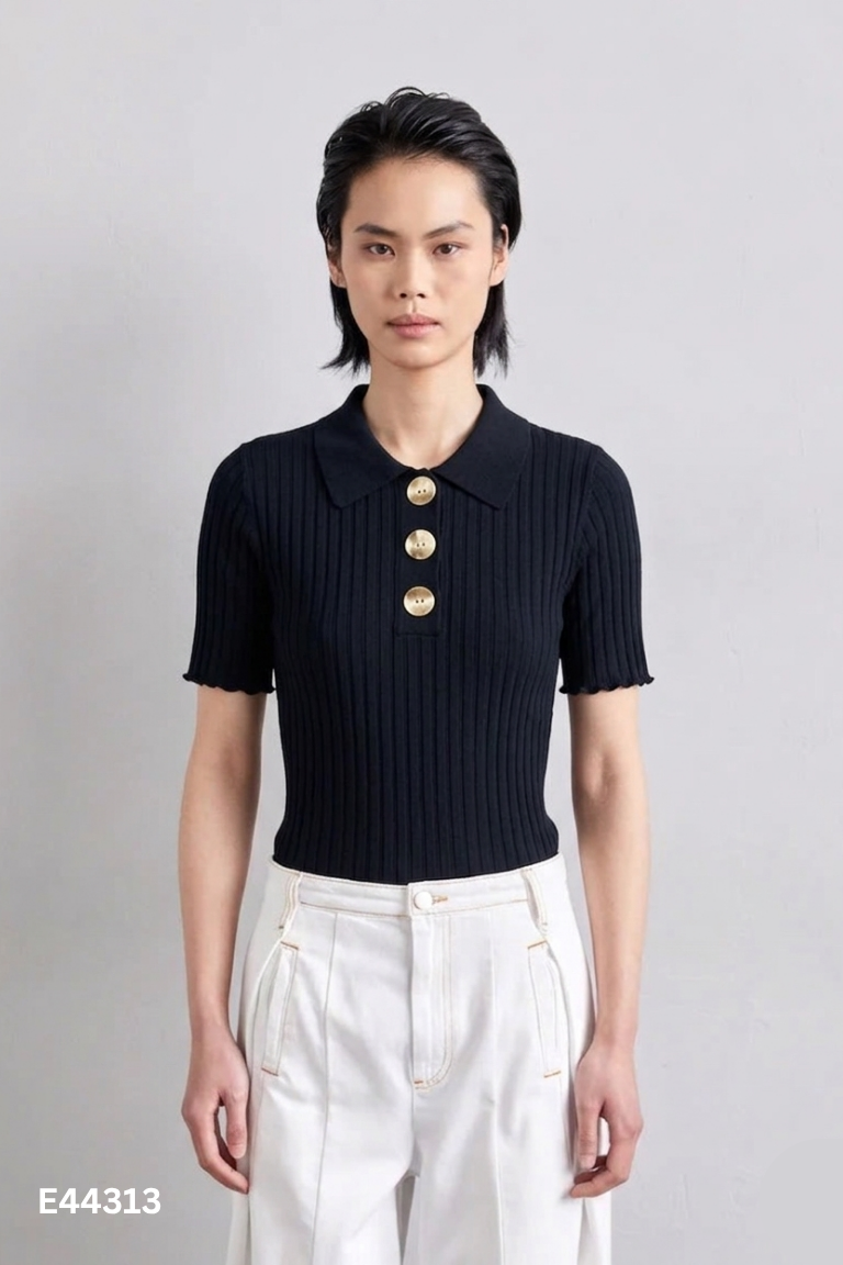 Áo polo len mỏng đen ngắn tay