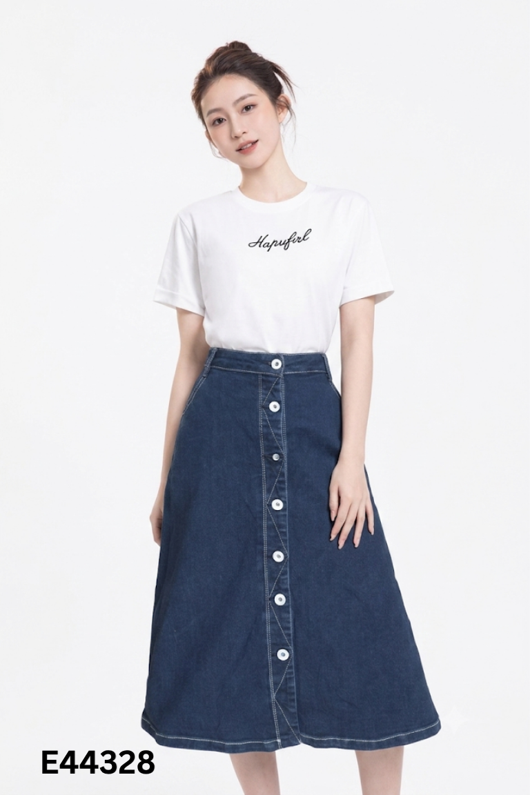 Chân váy nhỡ jeans xanh phối cúc trắng