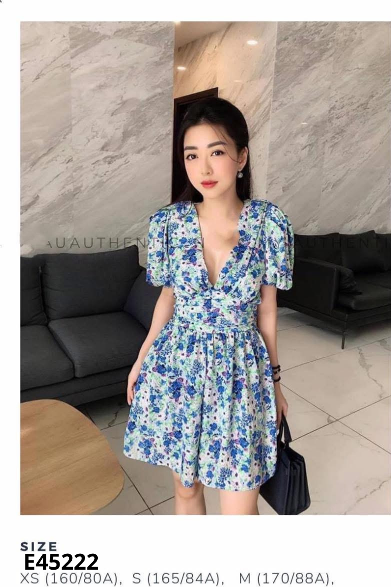 NEWTAG Váy ZARA xanh hoa tay phồng