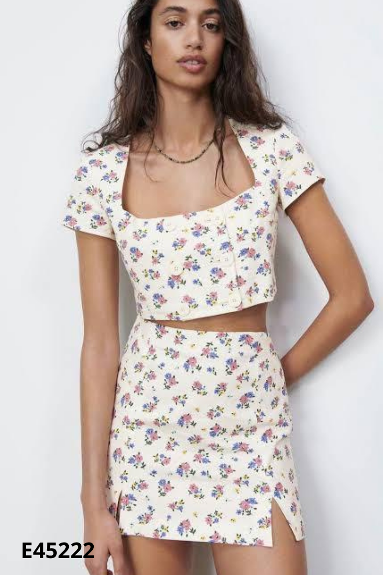NEWTAG Set Áo linen ZARA be hoa + chân váy (XUẤT)
