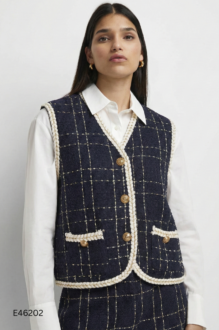 Áo gile dạ tweed xanh phối viền