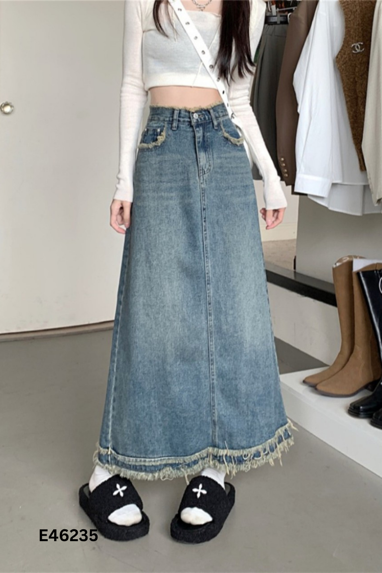 Chân váy jeans xanh tua rua