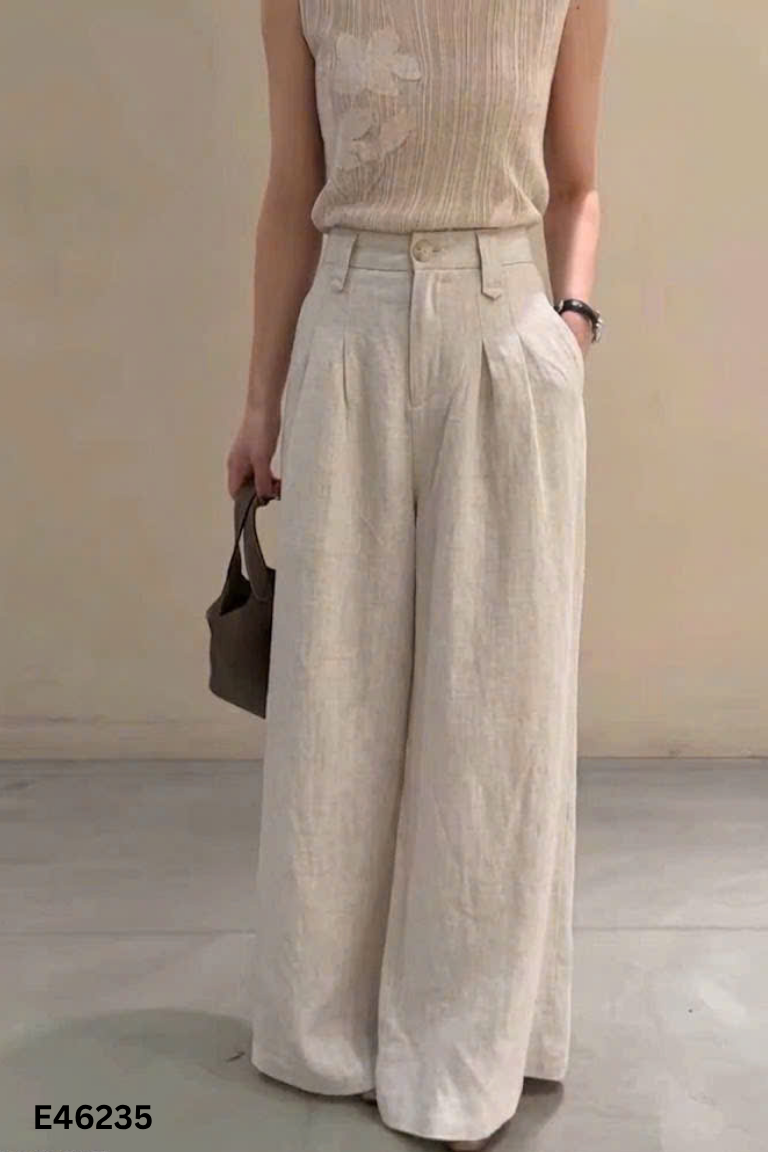 Quần linen be ly eo