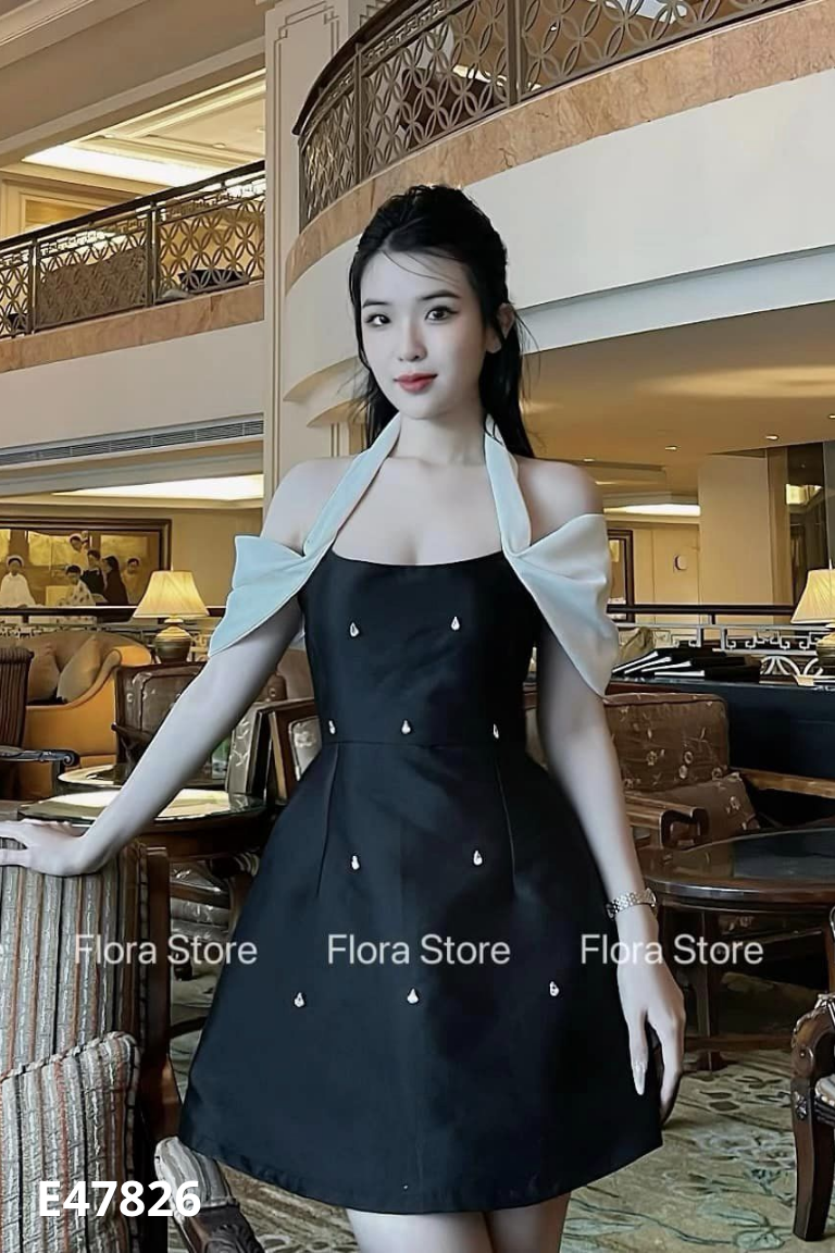 Váy taffa đen phối trắng