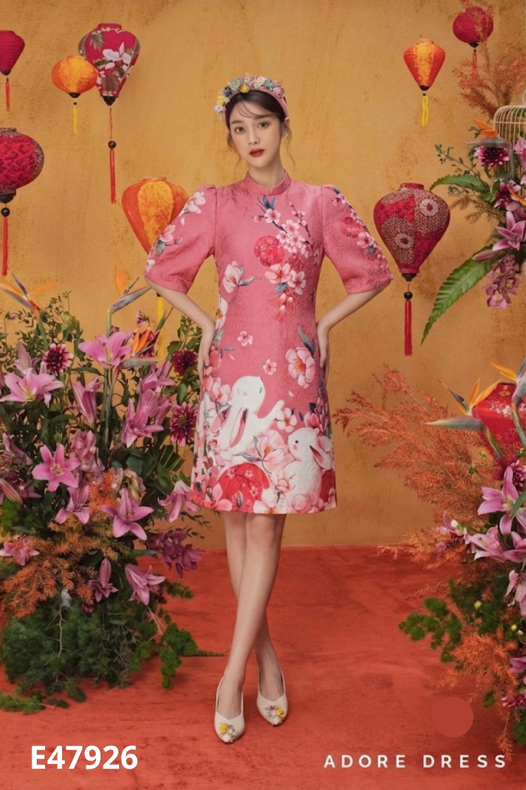 Áo dài ADORE DRESS hồng họa tiết