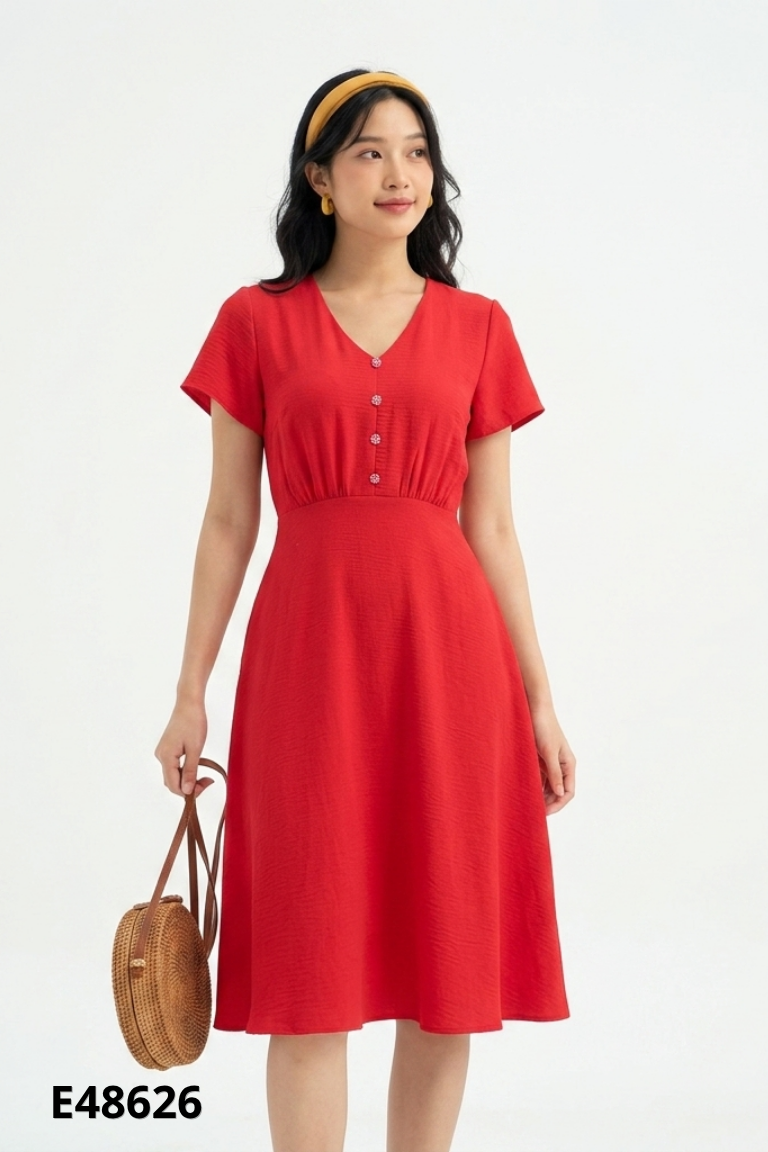 Váy đỏ ADORE DRESS phối cúc cổ V