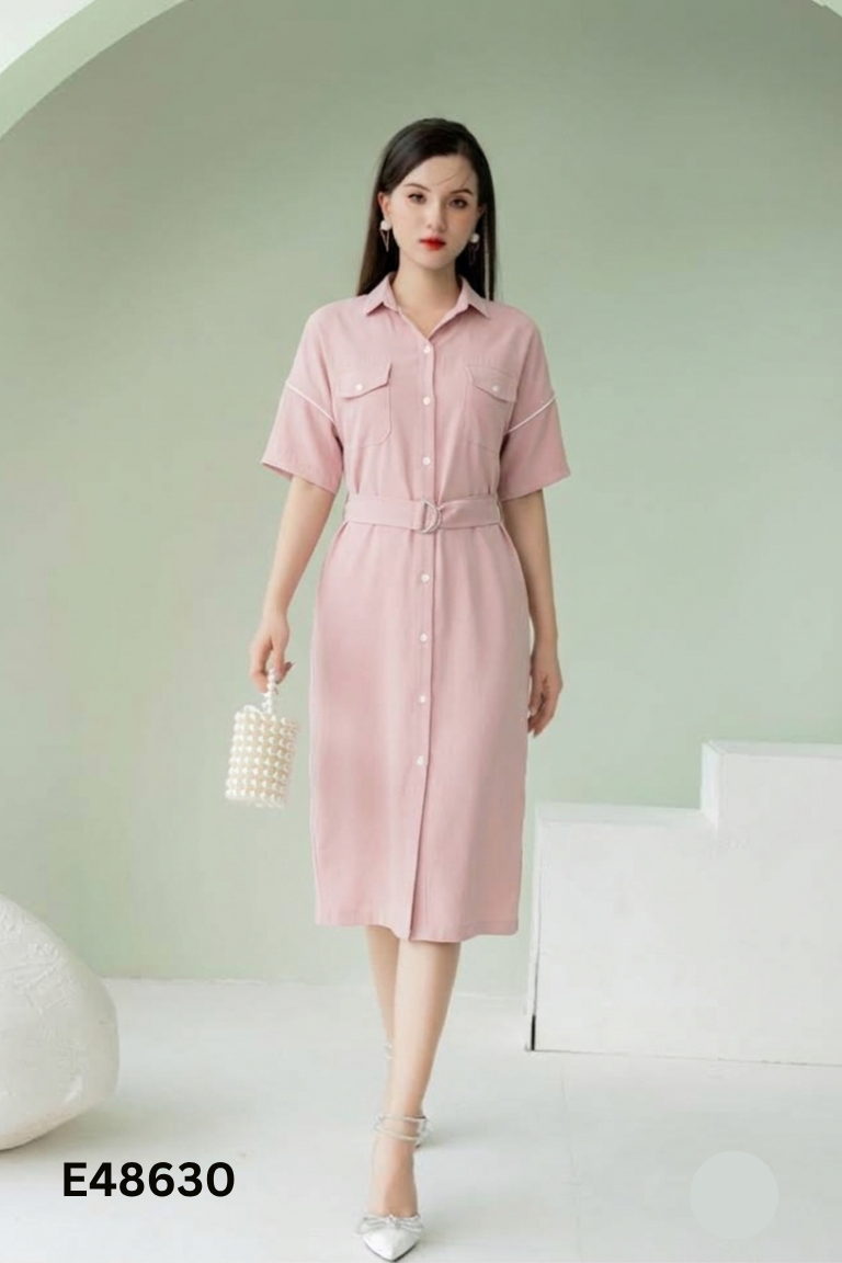 Váy TINOVY hồng cổ sơ mi suông