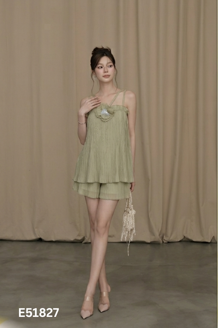 NEWTAG Set Áo xanh gấp ly + Quần short