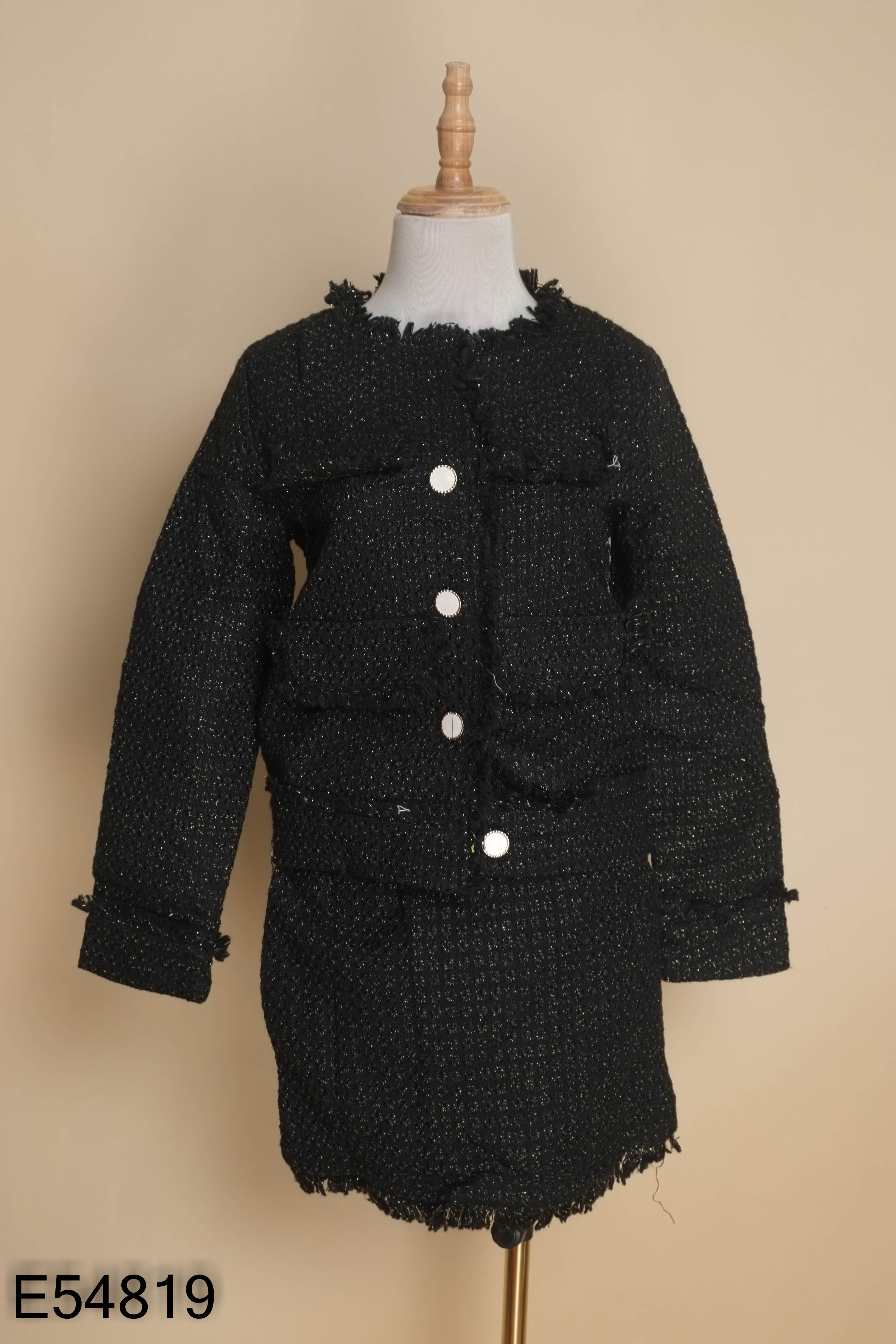 NEWTAG Set Áo dạ tweed len đen đính sequin + Chân váy