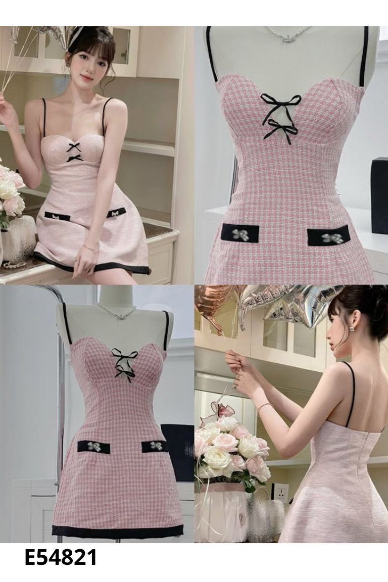 NEWTAG Váy tweed len hồng trắng hai dây