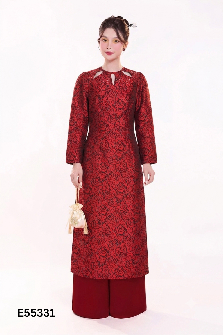 Áo dài đỏ tay bồng đính hạt (không quần)