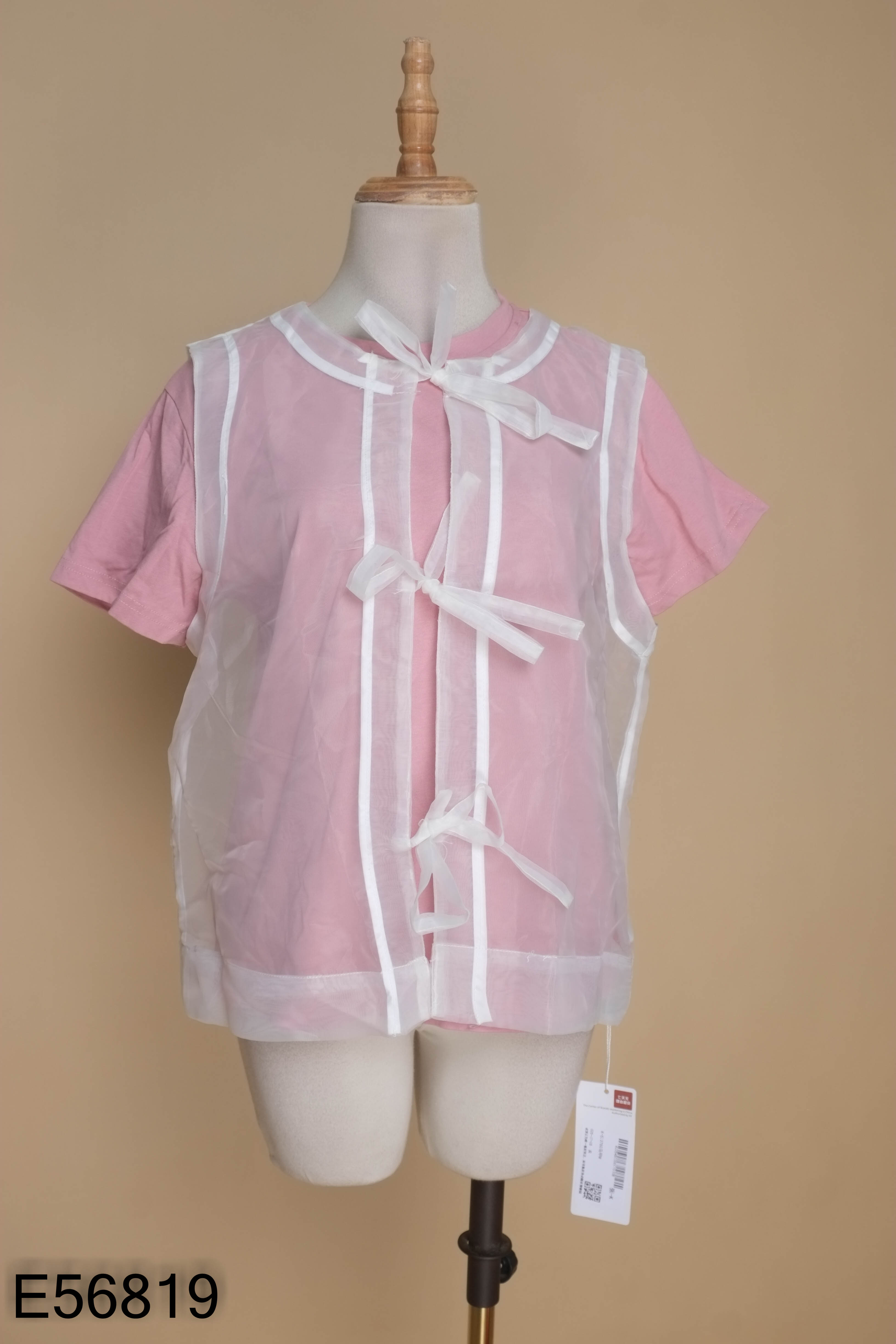 NEWTAG Áo hồng phối lưới trắng buộc nơ