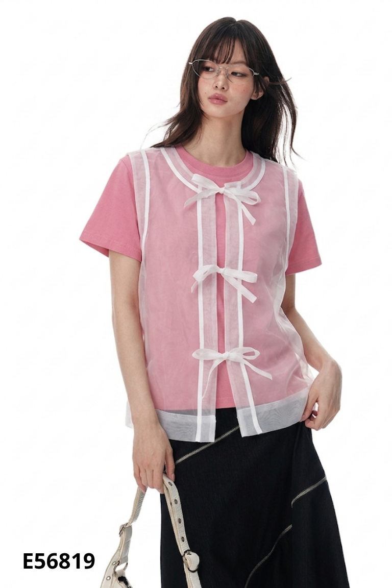 NEWTAG Áo hồng phối lưới trắng buộc nơ