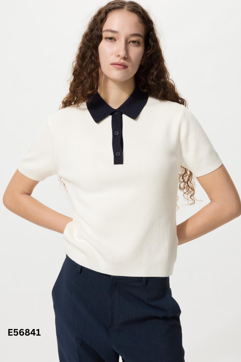 Áo len UNIQLO polo trắng mix xanh đen