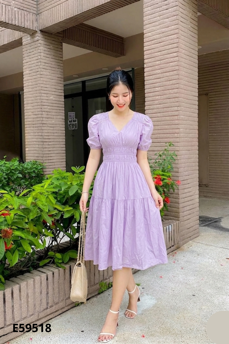 Váy tím NOSTALGIA chun eo tay phồng
