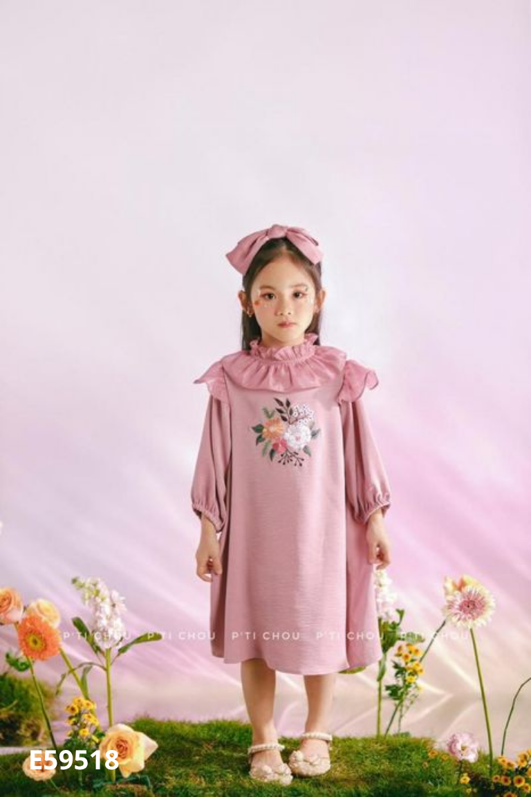 Váy lụa hồng P'TI CHOU thêu hoa KIDS