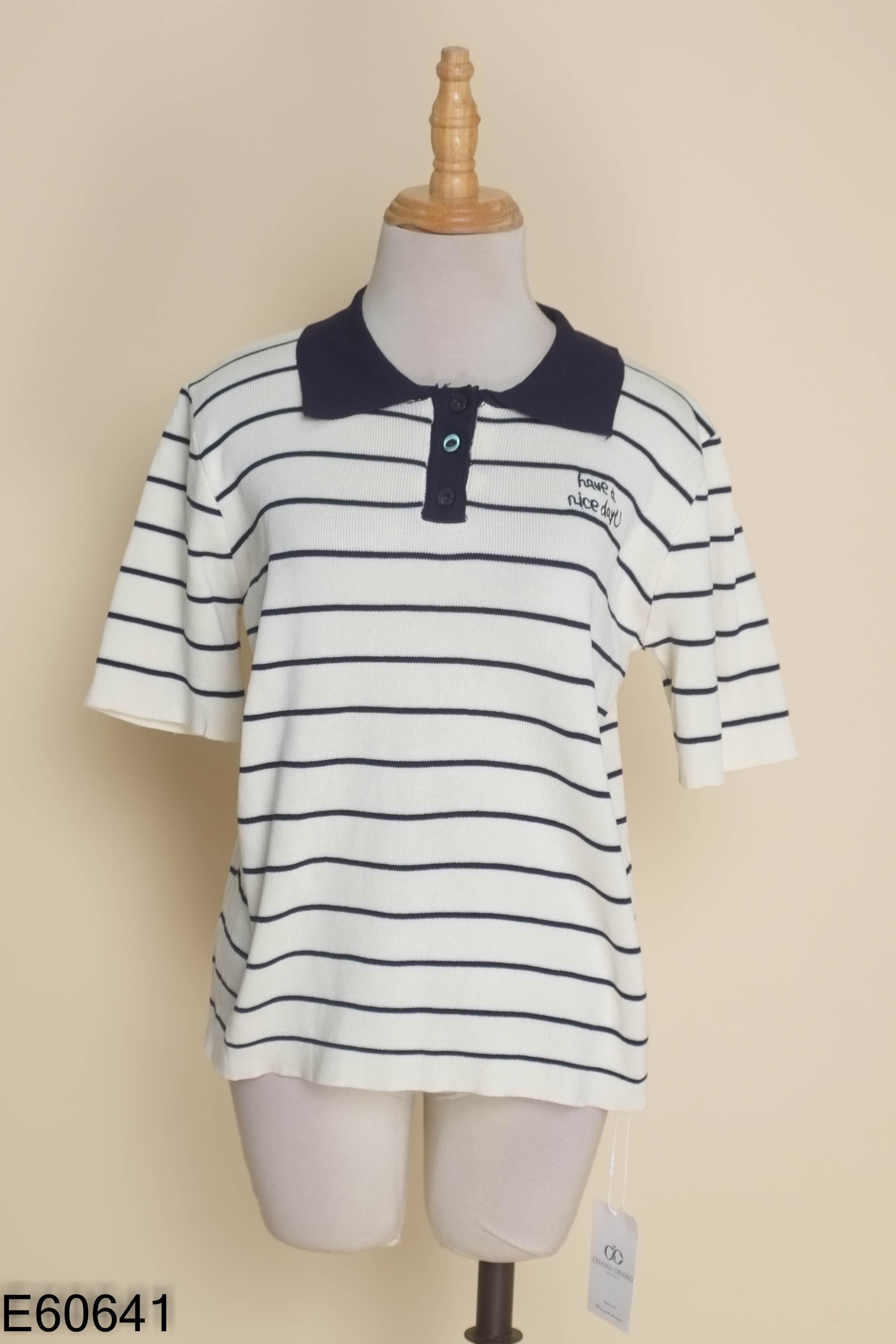NEWTAG Áo len be kẻ xanh polo tay ngắn