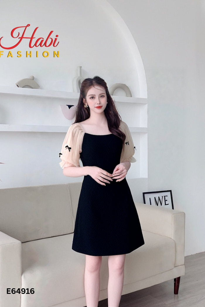 Váy đen DUOYI phối tay lưới be
