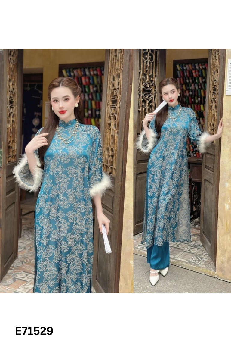 Set áo dài họa tiết + quần lụa xanh